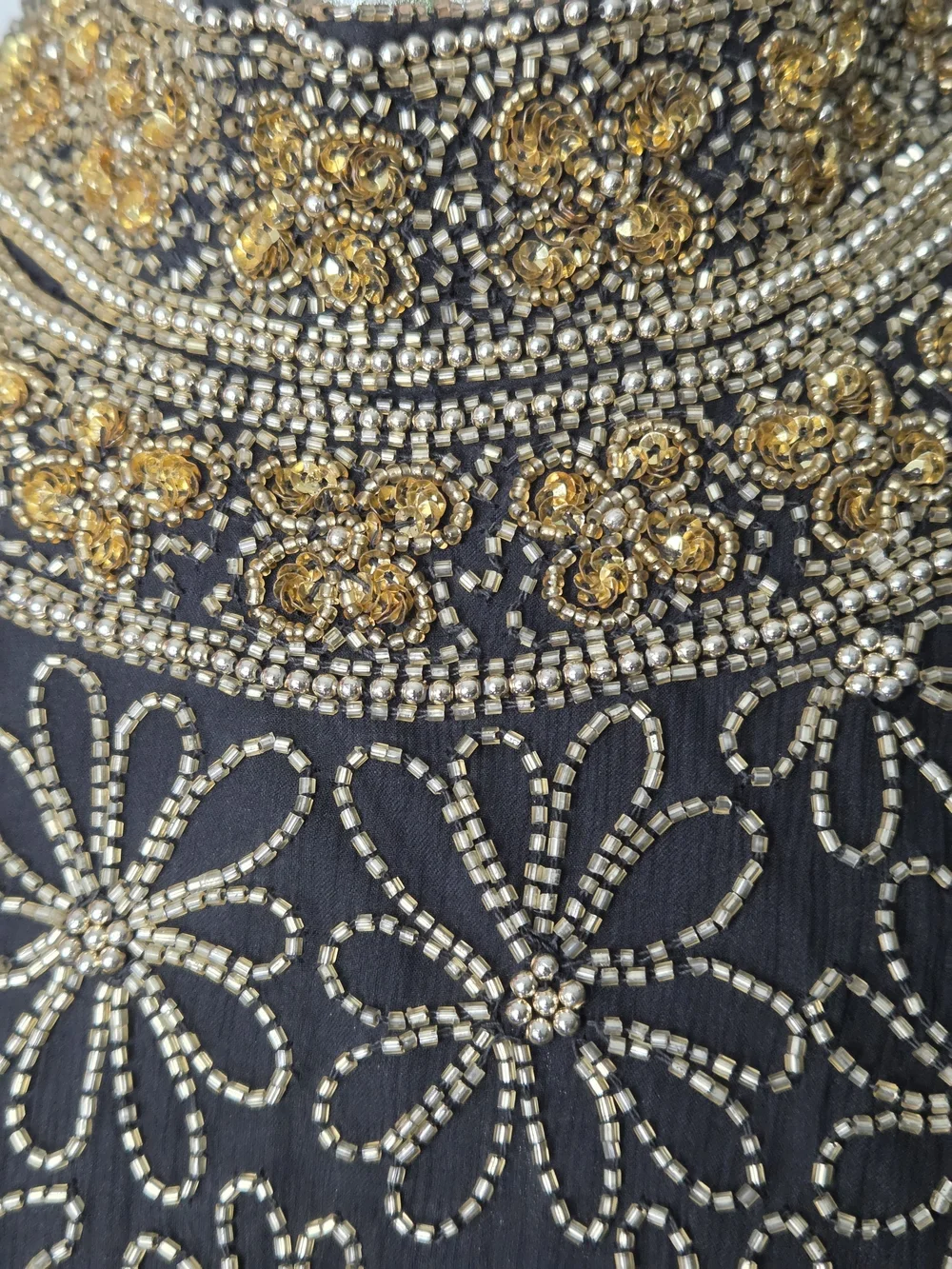 Vintage Laurence Kazar Floral Beaded 100% Silk Black & Gold Halter Top Medium
